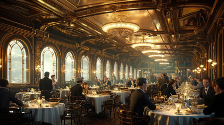 Experience the opulence of the firstclass dining saloon on the RMS Titanic Adorned with gilded details fine china crystal glassware and ornate windows this elegant setting provides an exquisite atmosphere for sophisticated dining and conversation The soft ambient lighting adds to the overall grandeurの素材