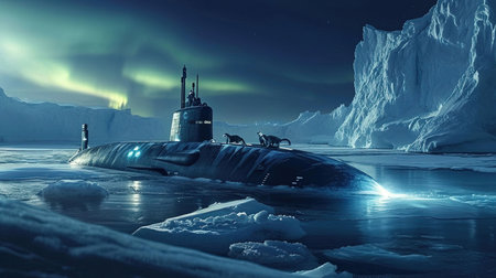 Experience the thrill of a high-tech submarine navigating the icy Arctic waters Witness the submarine breaking through thin ice surrounded by polar wildlife and stunning landscapes like icebergs and the aurora borealis Explore the contrast between the warm lights of the submarine and the cold Arctic environmentの素材