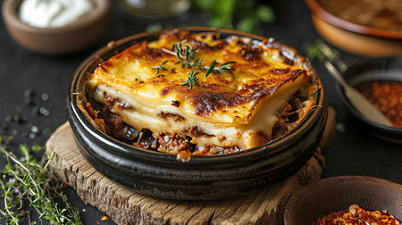 A mouthwatering layered masterpiece of moussaka showcasing the distinct fl..avors of minced meat eggplant and potatoes all topped with a creamy and goldenbrown bachamel sauce Indulge in this hearty and aromatic Cypriot classic presented in a traditional baking dishの素材