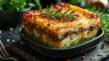 A mouthwatering layered masterpiece of moussaka showcasing the distinct fl..avors of minced meat eggplant and potatoes all topped with a creamy and goldenbrown bachamel sauce Indulge in this hearty and aromatic Cypriot classic presented in a traditional baking dishの素材