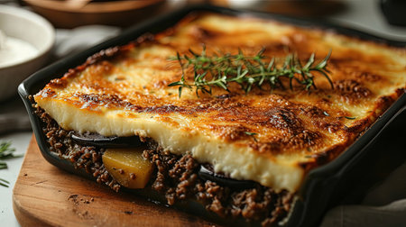 A mouthwatering layered masterpiece of moussaka showcasing the distinct fl..avors of minced meat eggplant and potatoes all topped with a creamy and goldenbrown bachamel sauce Indulge in this hearty and aromatic Cypriot classic presented in a traditional baking dishの素材
