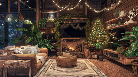 Escape to the tranquility of a cozy rustic cabin nestled in the forest Warm wood tones a stone fireplace and plush furnishings create a welcoming atmosphere Let the natural textures and warm color palette embrace you in this homely retreatの素材