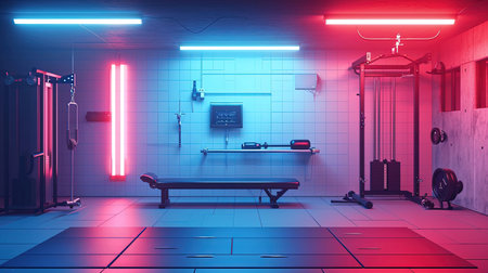 Get motivated and achieve your fitness goals with our futuristic home gym Experience interactive workout equipment holographic personal trainers biometric monitoring systems and dynamic lighting for an ultimate fitness journeyの素材