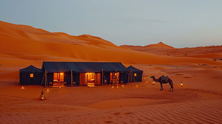 Experience the awe-inspiring beauty of the desert with this captivating image Behold the vast sand dunes camel treks and traditional Bedouin tents that create a unique atmosphere Let the desert sunset or starry night sky transport you to another worldの素材