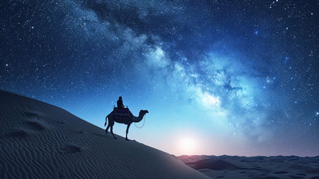 Experience the awe-inspiring beauty of the desert with this captivating image Behold the vast sand dunes camel treks and traditional Bedouin tents that create a unique atmosphere Let the desert sunset or starry night sky transport you to another worldの素材