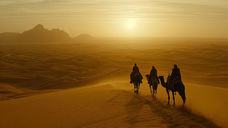 Experience the awe-inspiring beauty of the desert with this captivating image Behold the vast sand dunes camel treks and traditional Bedouin tents that create a unique atmosphere Let the desert sunset or starry night sky transport you to another worldの素材
