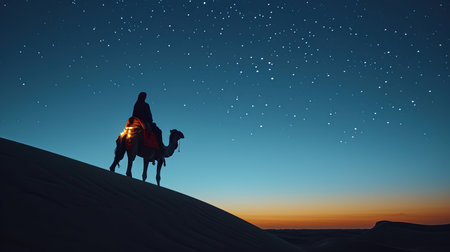 Experience the awe-inspiring beauty of the desert with this captivating image Behold the vast sand dunes camel treks and traditional Bedouin tents that create a unique atmosphere Let the desert sunset or starry night sky transport you to another worldの素材