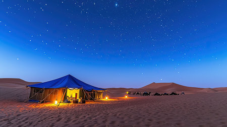 Experience the awe-inspiring beauty of the desert with this captivating image Behold the vast sand dunes camel treks and traditional Bedouin tents that create a unique atmosphere Let the desert sunset or starry night sky transport you to another worldの素材