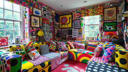 An inspiring and vibrant artist studio filled with colorful textiles various art pieces and a creative workspace The studio exudes a relaxed atmosphere with plenty of natural light and a mix of textures and patternsの素材