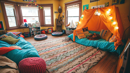 An inspiring and vibrant artist studio filled with colorful textiles various art pieces and a creative workspace The studio exudes a relaxed atmosphere with plenty of natural light and a mix of textures and patternsの素材