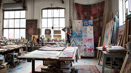 An inspiring and vibrant artist studio filled with colorful textiles various art pieces and a creative workspace The studio exudes a relaxed atmosphere with plenty of natural light and a mix of textures and patternsの素材