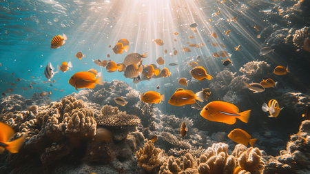 A peaceful and mysterious underwater scene with ocean life and light rays filtering through water Perfect for nature environment and exploration themesの素材