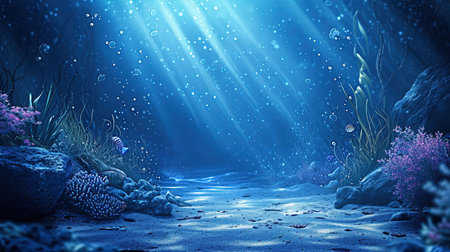 A peaceful and mysterious underwater scene with ocean life and light rays filtering through water Perfect for nature environment and exploration themesの素材
