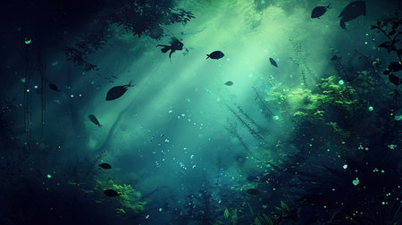 A peaceful and mysterious underwater scene with ocean life and light rays filtering through water Perfect for nature environment and exploration themesの素材