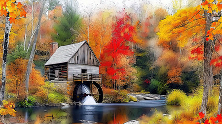 A stunning abstract painting of an autumn watermill created with colorful pixel art in the style of modern European ink painting This artwork captures the essence of the whistlerian aesthetic and is inspired by the beauty of nature Perfect for lovers of cottagecore AR 169 V 6の素材