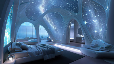 Experience the stars with this imaginative and sophisticated bedroom design Sleep among cosmic decor on a zerogravity bed beneath a starlight ceiling Let metallic surfaces and streamlined furniture transport you to a futuristic space retreatの素材