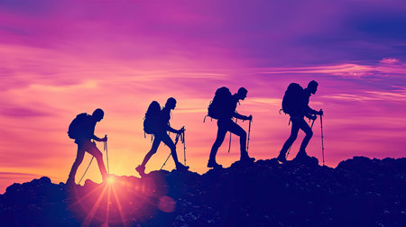Experience the thrill of mountain trekking as hikers ascend majestic ranges Stunning panoramic views during a vibrant sunrise or sunset enhance the dramatic lighting and depthの素材