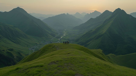 Experience the thrill of mountain trekking as hikers ascend majestic ranges Stunning panoramic views during a vibrant sunrise or sunset enhance the dramatic lighting and depthの素材