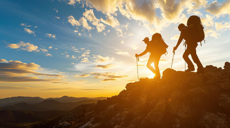 Experience the thrill of mountain trekking as hikers ascend majestic ranges Stunning panoramic views during a vibrant sunrise or sunset enhance the dramatic lighting and depthの素材