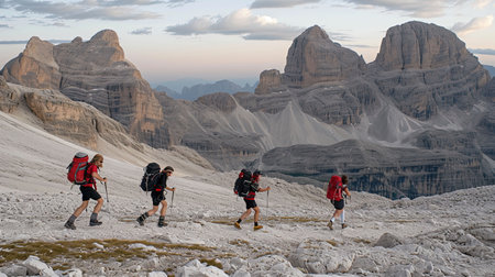 Experience the thrill of mountain trekking as hikers ascend majestic ranges Stunning panoramic views during a vibrant sunrise or sunset enhance the dramatic lighting and depthの素材