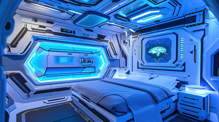 Experience the stars with this imaginative and sophisticated bedroom design Sleep among cosmic decor on a zerogravity bed beneath a starlight ceiling Let metallic surfaces and streamlined furniture transport you to a futuristic space retreatの素材
