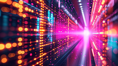 A high-tech grid background featuring digital networks and neon lines This design exudes a sense of innovation and technology making it perfect for tech and cybernetics-related presentations or websitesの素材