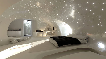 Experience the stars with this imaginative and sophisticated bedroom design Sleep among cosmic decor on a zerogravity bed beneath a starlight ceiling Let metallic surfaces and streamlined furniture transport you to a futuristic space retreatの素材