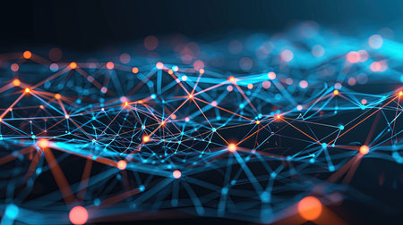A high-tech grid background featuring digital networks and neon lines This design exudes a sense of innovation and technology making it perfect for tech and cybernetics-related presentations or websitesの素材