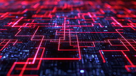 A high-tech grid background featuring digital networks and neon lines This design exudes a sense of innovation and technology making it perfect for tech and cybernetics-related presentations or websitesの素材
