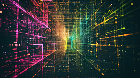 A high-tech grid background featuring digital networks and neon lines This design exudes a sense of innovation and technology making it perfect for tech and cybernetics-related presentations or websitesの素材