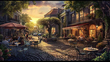 A charming scene from a historic European city capturing the essence of cobblestone streets classic architecture and vibrant street life The lighting should be warm and inviting ideally set during the golden hour to enhance the romantic and timeless feel of the cityscapeの素材