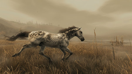 A breathtaking image of a powerful and majestic stallion galloping in a wild meadow with a dramatic mountain landscape in the background Capturing the essence of freedom and natural beautyの素材