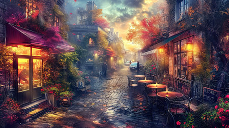 A charming scene from a historic European city capturing the essence of cobblestone streets classic architecture and vibrant street life The lighting should be warm and inviting ideally set during the golden hour to enhance the romantic and timeless feel of the cityscapeの素材