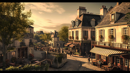 A charming scene from a historic European city capturing the essence of cobblestone streets classic architecture and vibrant street life The lighting should be warm and inviting ideally set during the golden hour to enhance the romantic and timeless feel of the cityscapeの素材