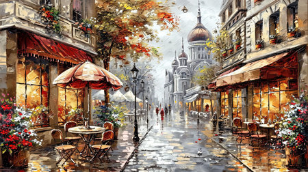 A charming scene from a historic European city capturing the essence of cobblestone streets classic architecture and vibrant street life The lighting should be warm and inviting ideally set during the golden hour to enhance the romantic and timeless feel of the cityscapeの素材