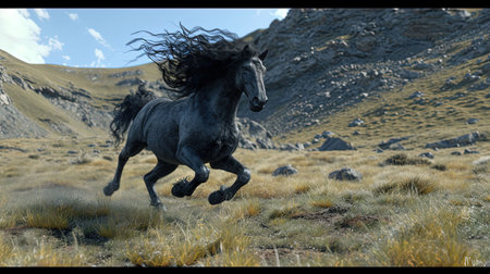 A breathtaking image of a powerful and majestic stallion galloping in a wild meadow with a dramatic mountain landscape in the background Capturing the essence of freedom and natural beautyの素材