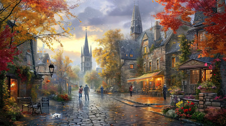 A charming scene from a historic European city capturing the essence of cobblestone streets classic architecture and vibrant street life The lighting should be warm and inviting ideally set during the golden hour to enhance the romantic and timeless feel of the cityscapeの素材