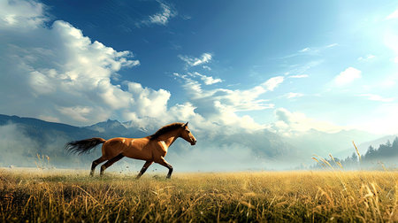 A breathtaking image of a powerful and majestic stallion galloping in a wild meadow with a dramatic mountain landscape in the background Capturing the essence of freedom and natural beautyの素材
