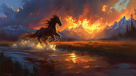 A breathtaking image of a powerful and majestic stallion galloping in a wild meadow with a dramatic mountain landscape in the background Capturing the essence of freedom and natural beautyの素材