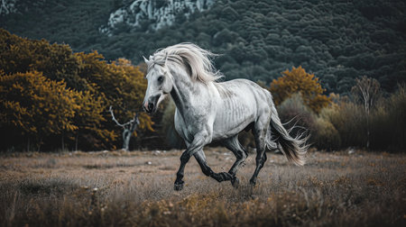A breathtaking image of a powerful and majestic stallion galloping in a wild meadow with a dramatic mountain landscape in the background Capturing the essence of freedom and natural beautyの素材