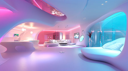 Experience the cutting edge of interior design with this ultramodern and futuristic living space Featuring innovative furniture designs smart home technology and a sleek minimalist aesthetic this space exudes advanced comfort and styleの素材