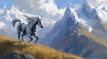 A breathtaking image of a powerful and majestic stallion galloping in a wild meadow with a dramatic mountain landscape in the background Capturing the essence of freedom and natural beautyの素材