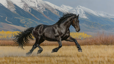 A breathtaking image of a powerful and majestic stallion galloping in a wild meadow with a dramatic mountain landscape in the background Capturing the essence of freedom and natural beautyの素材