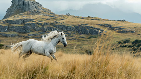 A breathtaking image of a powerful and majestic stallion galloping in a wild meadow with a dramatic mountain landscape in the background Capturing the essence of freedom and natural beautyの素材