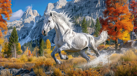 A breathtaking image of a powerful and majestic stallion galloping in a wild meadow with a dramatic mountain landscape in the background Capturing the essence of freedom and natural beautyの素材