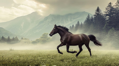 A breathtaking image of a powerful and majestic stallion galloping in a wild meadow with a dramatic mountain landscape in the background Capturing the essence of freedom and natural beautyの素材