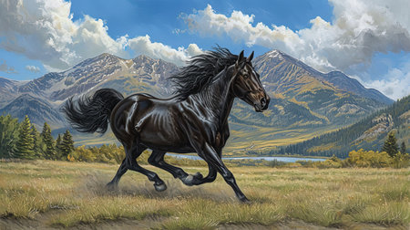 A breathtaking image of a powerful and majestic stallion galloping in a wild meadow with a dramatic mountain landscape in the background Capturing the essence of freedom and natural beautyの素材