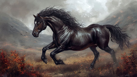 A breathtaking image of a powerful and majestic stallion galloping in a wild meadow with a dramatic mountain landscape in the background Capturing the essence of freedom and natural beautyの素材