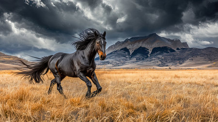 A breathtaking image of a powerful and majestic stallion galloping in a wild meadow with a dramatic mountain landscape in the background Capturing the essence of freedom and natural beautyの素材