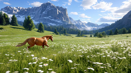 A breathtaking image of a powerful and majestic stallion galloping in a wild meadow with a dramatic mountain landscape in the background Capturing the essence of freedom and natural beautyの素材